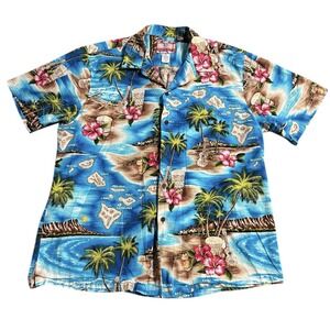 Vintage RJC Hawaiian Shirt Mens XL  Islands Beach Palm Trees Blue Aloha Vacation